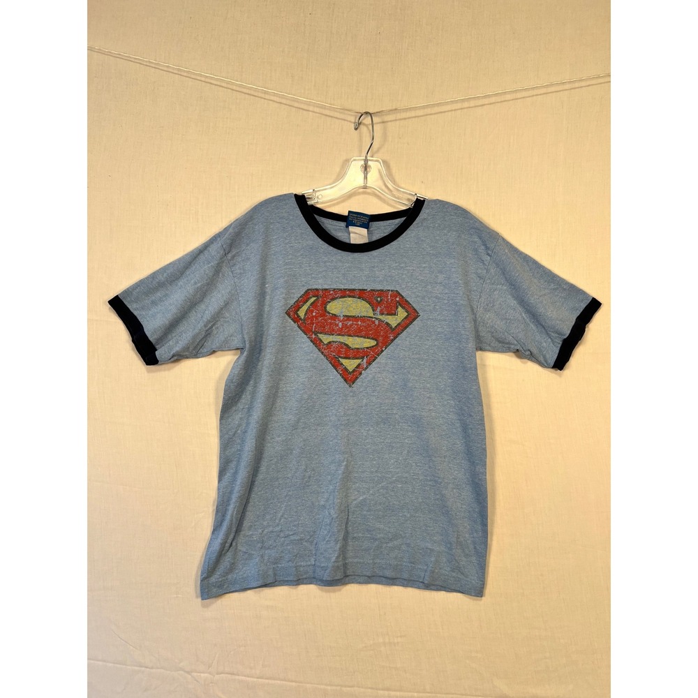 DC Comics Superman Ringer T-Shirt Mens Blue Heather Distressed Shield Logo 2005